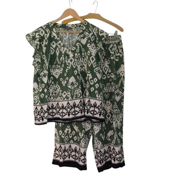 Haute Hippie Botanical Leaf Print Matching Set Pants Top Beach Cruise Linen - Picture 1 of 10